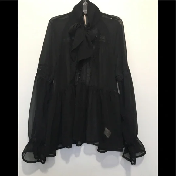 10. Free People Black Sheer Peasant Neck Tie Blouse S - Picture 4 of 8